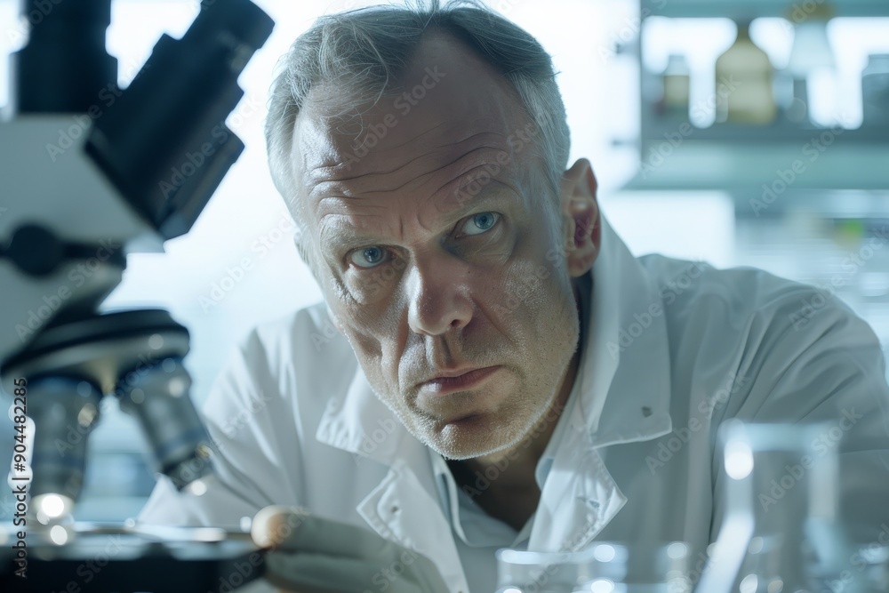 Poster The image features a researcher diligently working with a microscope within a lab environment, capturing the essence of dedication and focus required in scientific research.