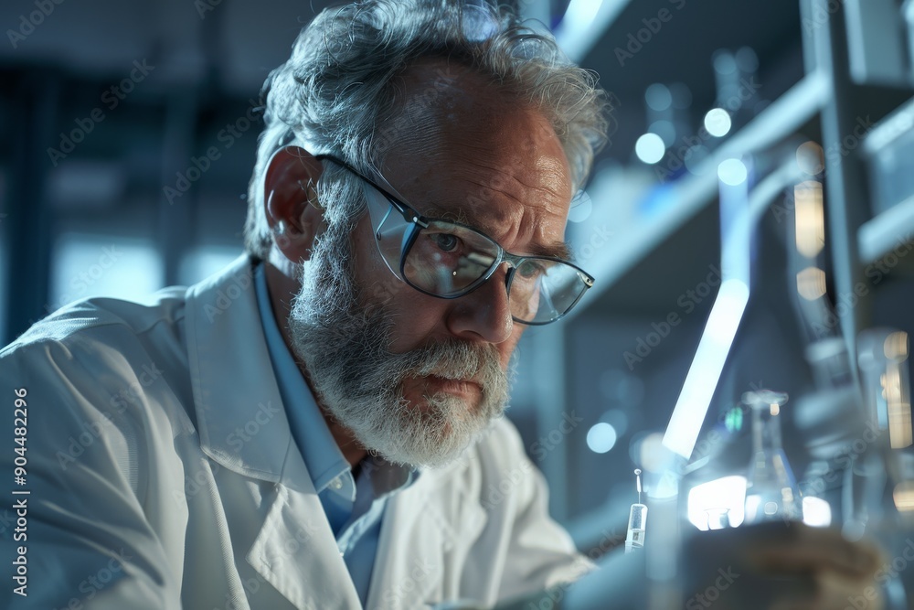 Aufkleber A scientist wearing a white lab coat is intently working on an experiment in a laboratory, surrounded by various scientific equipment and glassware.