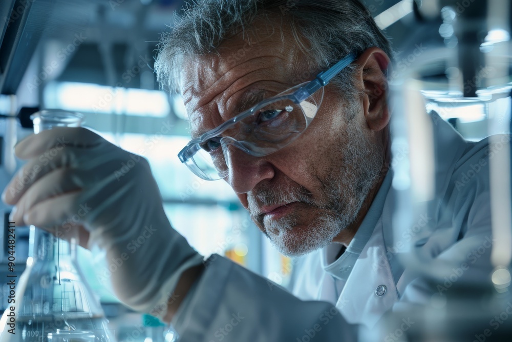 Poster a scientist in the laboratory wearing protective gloves and a lab coat is closely analyzing the subs