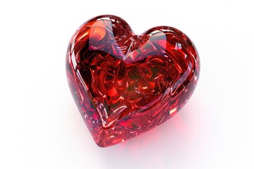 A single red glass heart on a white surface