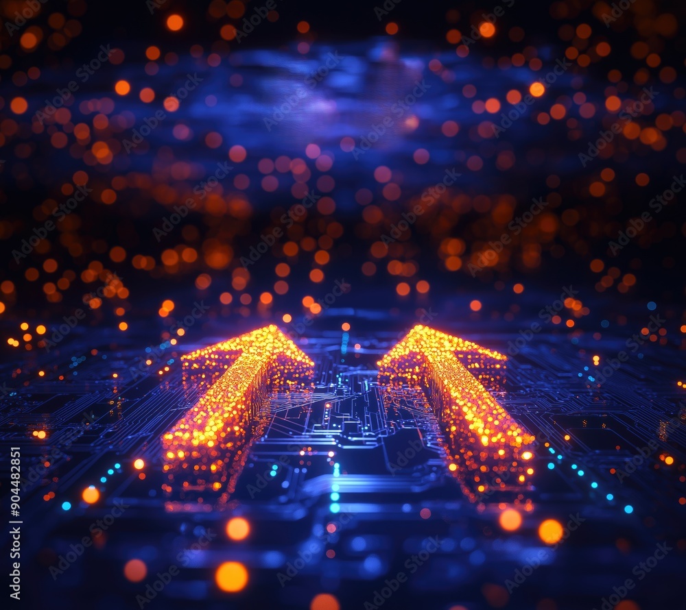Poster glowing digital arrows pointing to each other on futuristic circuit board background. technology con