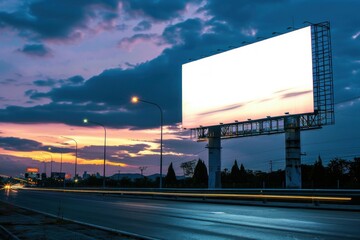 Blank billboard is standing by the road at sunset with cars driving by