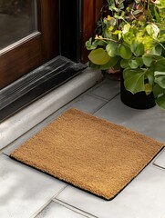 doormat standing in front of the door and a plant next to it