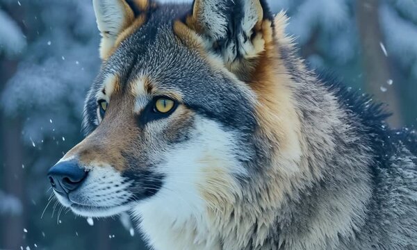 A wolf with a brown and white coat stands in the snow. The wolf has a yellow eye and a brown nose