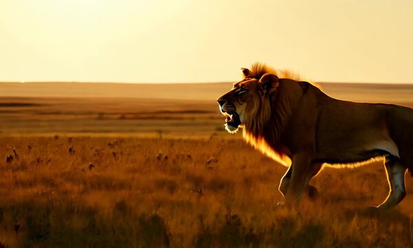 A lion is walking through a field of tall grass. The sun is setting, casting a warm glow over the scene. The lion's mane is blowing in the wind, and it is hungry, as it is growling