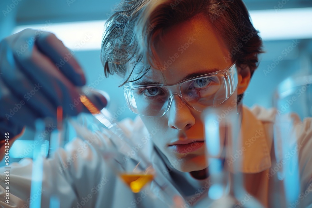 Poster a scientist in a laboratory, wearing safety goggles and gloves, focuses intently on transferring a c