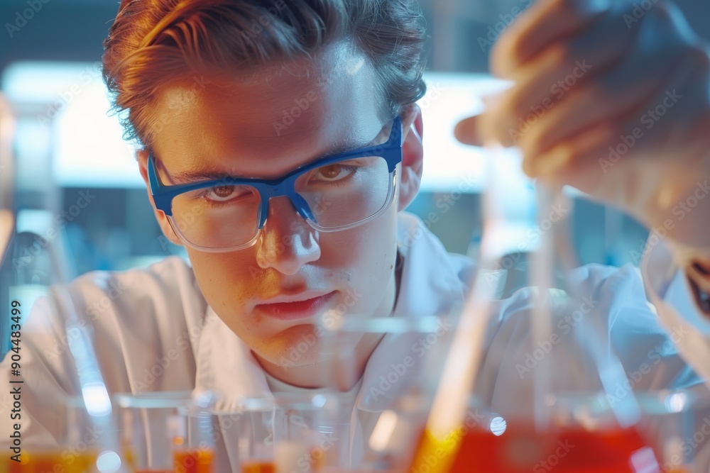 Aufkleber A scientist is seen conducting an experiment with a beaker in hand. The setting hints at a busy, high-tech laboratory, with various chemicals and tools in the background.
