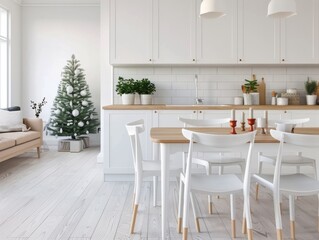 Obraz premium Modern Kitchen and Dining Area With Christmas Tree in Winter Setting