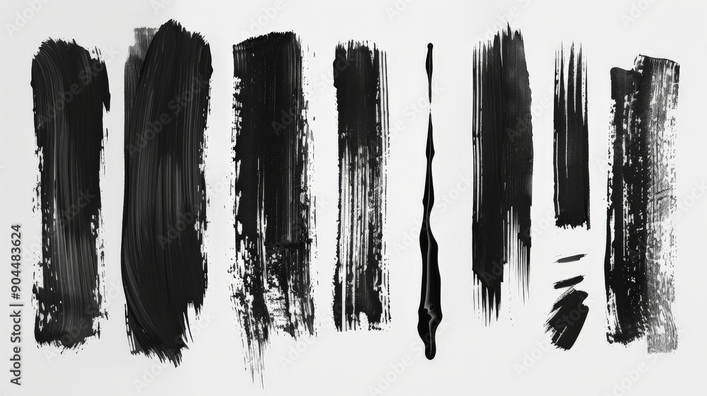 Poster a variety of black paint strokes applied on a plain white background, presenting different textures 