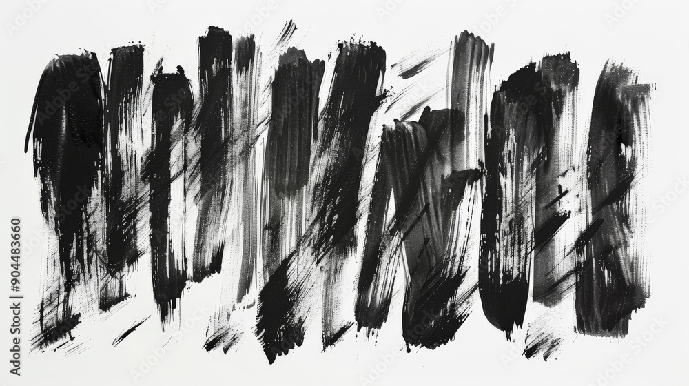 Poster A large collection of abstract black brush marks on a white background, showcasing various patterns, shapes, and intensities for artistic and visual expression.