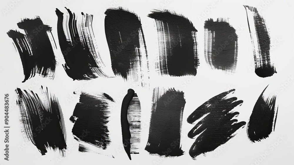 Aufkleber This image features various black brush strokes in different patterns and textures, set against a clean white background, ideal for artistic and modern design.