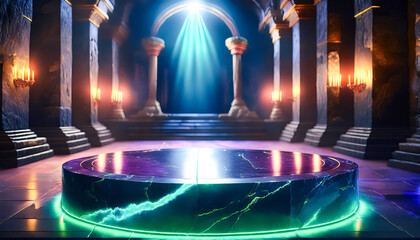 Marble Podium with Neon Lights in a Dark Mystical Setting
