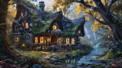 Obraz premium A picturesque, fairytale-like cottage nestled by a riverside, surrounded by vibrant greenery and blooming flowers, offering a serene and enchanting escape into nature.