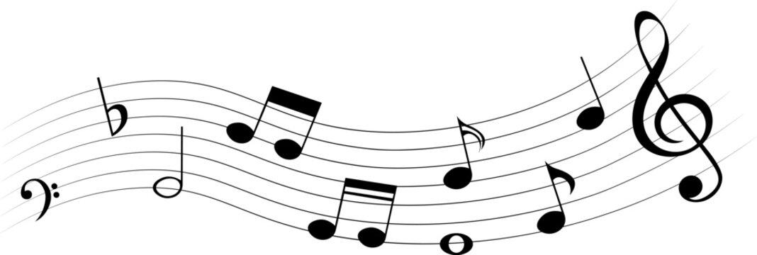 Black music notes on wavy stave,  isolated vector musical element.