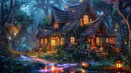 Obraz premium Charming forest house with floral surroundings lit by soft glowing lights at dusk. A magical, serene scene in a fairytale setting with whimsical elements all around.