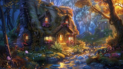 Obraz premium A beautiful cottage with an abundance of blooming flowers, cascades of water flowing down a creek and beams of sunlight piercing through the forest canopy, creating a picturesque scene.