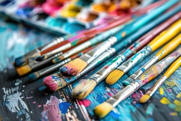 Fototapeta premium A collection of paint brushes placed neatly on a table, ready for artistic use