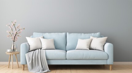 Fototapeta premium Modern Living Room With Blue Sofa and Minimalist Floral Arrangement