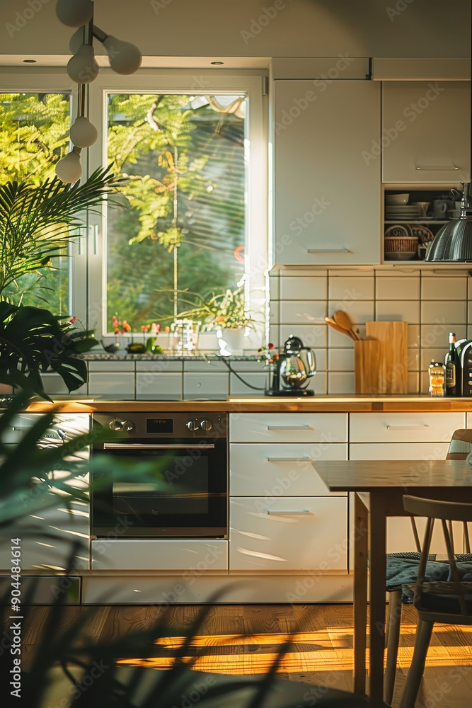 Poster a kitchen with a sink and a window. the window is open and the sunlight is shining through it. there