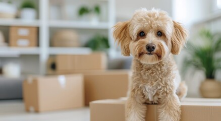 Charming Dog Relaxing on Moving Boxes in a Bright, Cozy Living Room