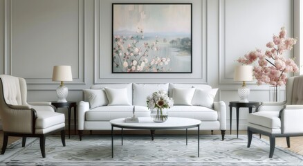Elegant Living Room With White Sofa, Floral Arrangement, and Soft Decor in Daylight