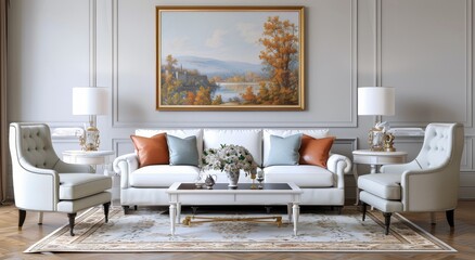 Elegant Living Room With White Sofa, Floral Arrangement, and Soft Decor in Daylight