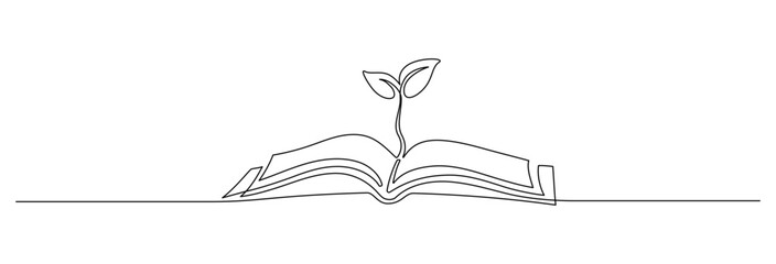 Opened book with sprout plant in one continuous line drawing . Education study and knowledge concept in simple linear style. Growing wisdom in editable stroke. Doodle contour vector illustration