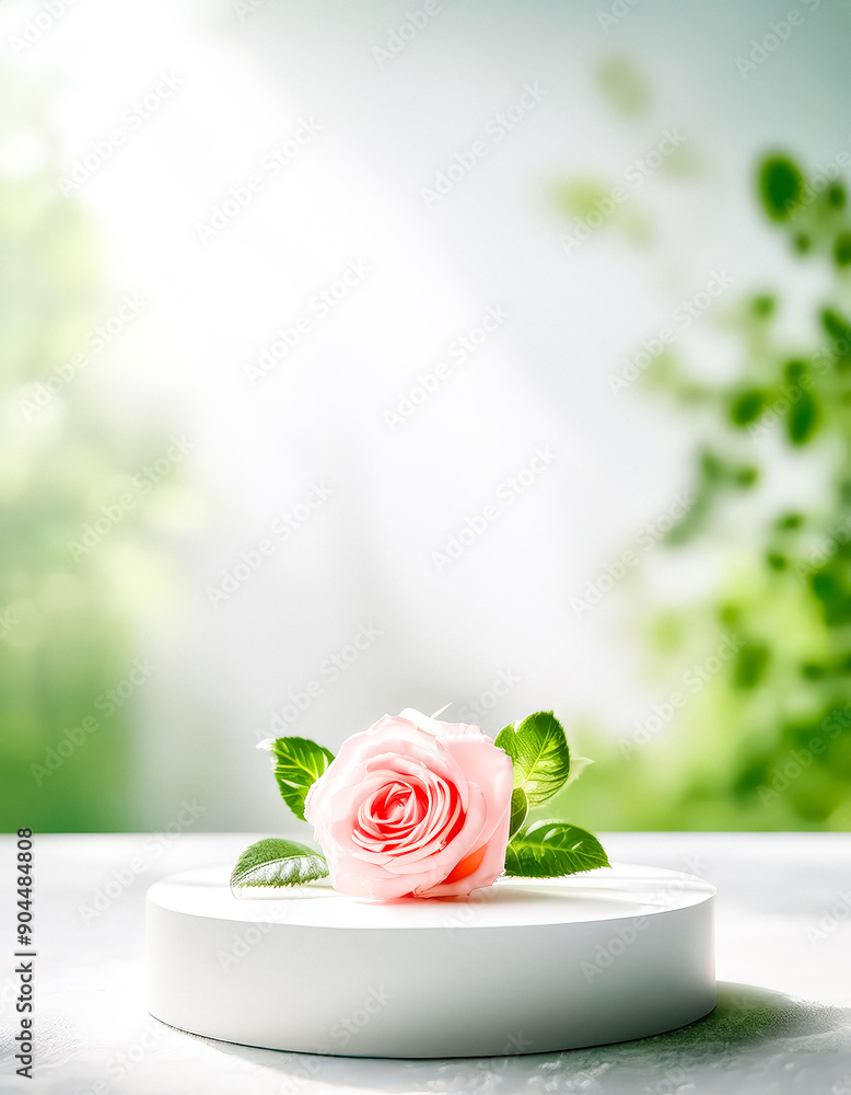 Sticker Single Pink Rose on a White Pedestal with Green Blurred Background