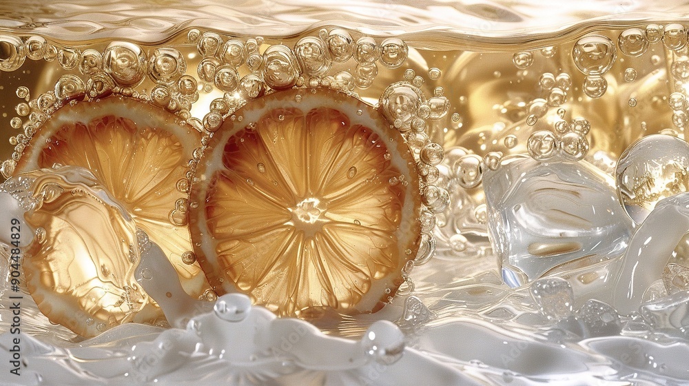 Poster close-up image of a fruit submerged in a liquid-filled container with bubble patterns at the base