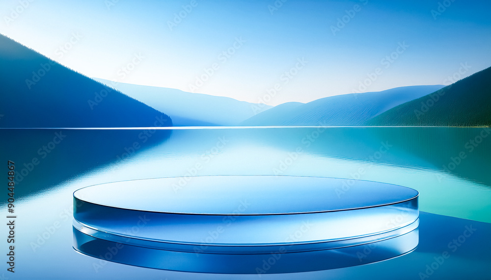 Sticker Abstract Blue Glass Platform Over Water With Mountain Background