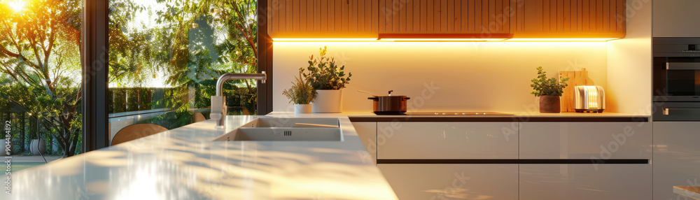 Poster a kitchen with a sink and a window. the window is open and the sunlight is shining through it. there