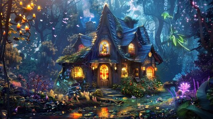 Obraz premium An inviting and charming woodland home exuding a warm glow from its light-filled windows, nestled in an ethereal, magical landscape at twilight.
