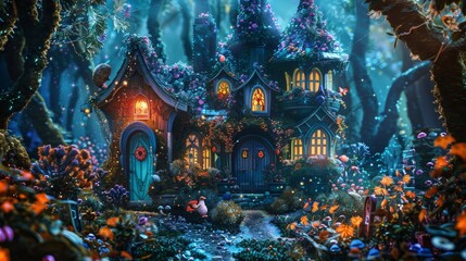 Fototapeta premium A magical glowing forest with a whimsical cottage surrounded by colorful mushrooms, flowers, and glowing lights, creating an enchanting nighttime atmosphere.