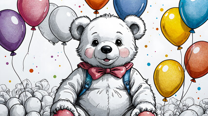 Naklejka premium teddy bear on the background of a bunch of balloons. holiday concept. watercolor illustration