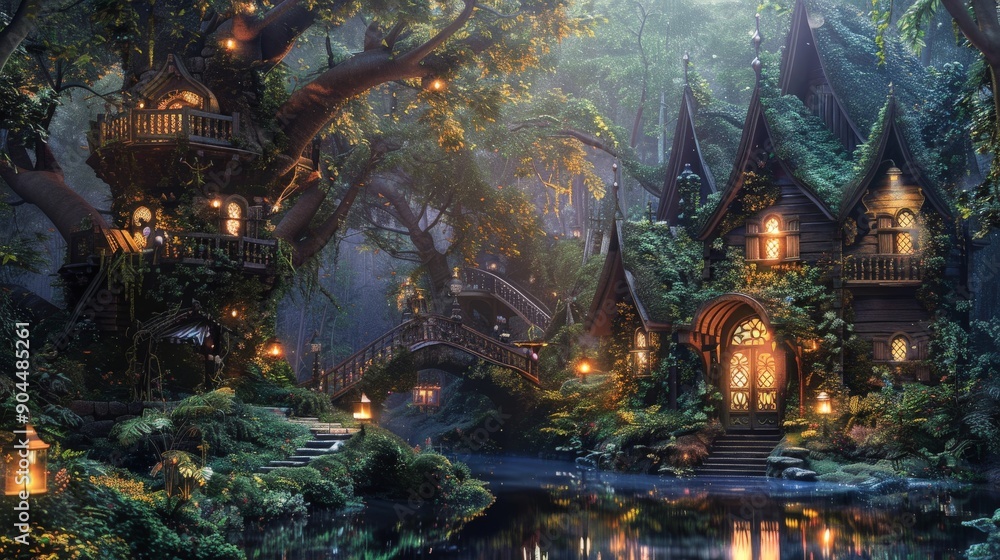 Poster an enchanting village of whimsical houses connected by bridges over a gentle stream, nestled within 