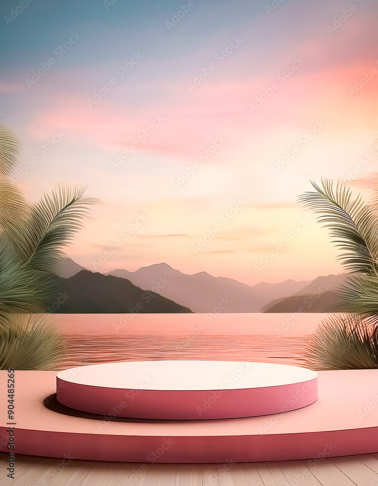 Sticker Pink Podium with Mountain and Sea View at Sunset