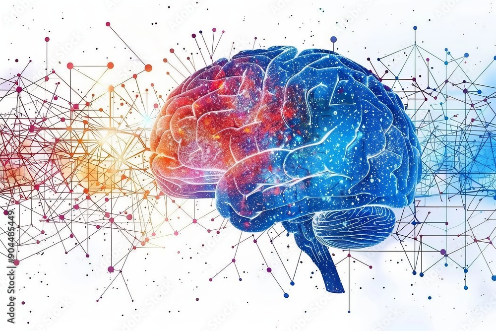 Aufkleber bursting brain illustration with colorful network representing explosive ideas and innovation.