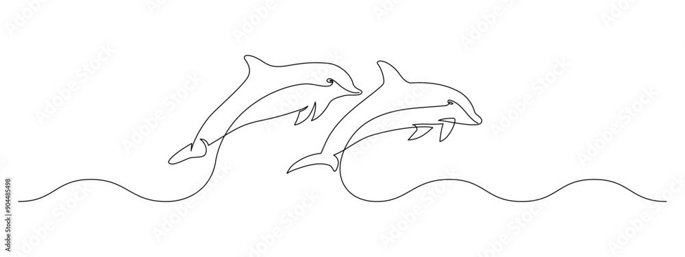 Poster one continuous line drawing of couple of dolphin. sea animal in wildlife in simple linear style. sum