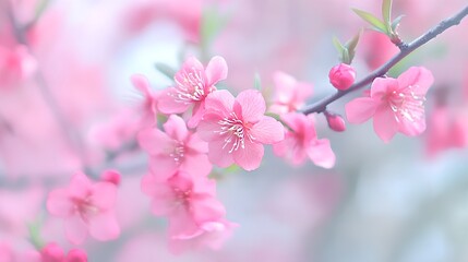 Pink peach blossoms, blurred background, pastel colors, close-up of pink flowers on the branch, soft focus, natural light, delicate petals, blooming in spring
