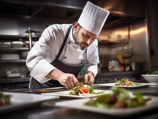 Focused Chef in Professional Kitchen Preparing Gourmet Dish