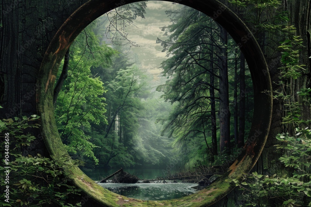 Poster lush green forest with a river running through it is seen through a round mossy window