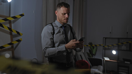 A serious man with a badge reviews evidence on his phone at a taped-off indoor crime scene at night.