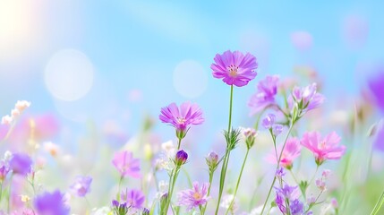 Fototapeta premium Beautiful spring meadow with purple flowers and blue sky background, banner design. copy space for text, blurred, pastel colors, sun rays. Spring flower field background