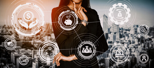 Finance and Money Transaction Technology Concept. Icon Graphic interface showing fintech trade exchange, profit statistics analysis and market analyst service in modern computer application.