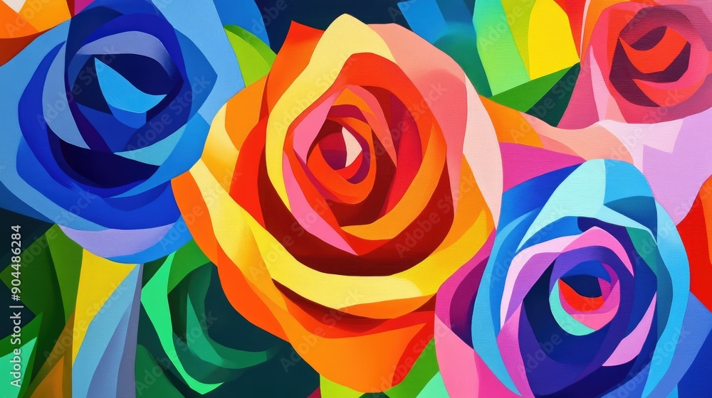 Poster colorful dynamic artwork with bold overlapping rose patterns