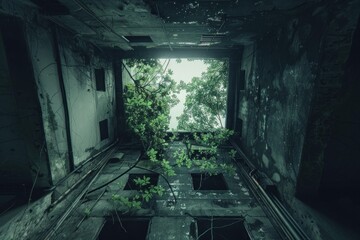 Lone tree is growing through the middle of an abandoned building