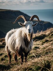 Feral mountain goat with impressive horns, coastal habitat at Brean Dow