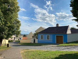 Fototapeta premium Blue house in Nitra in Slovakia in summer