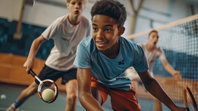 Energetic young people playing squash in an indoor court, displaying focus and athleticism