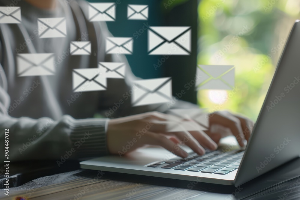 Poster a person sitting at their laptop, typing an email with multiple white envelope icons floating above 